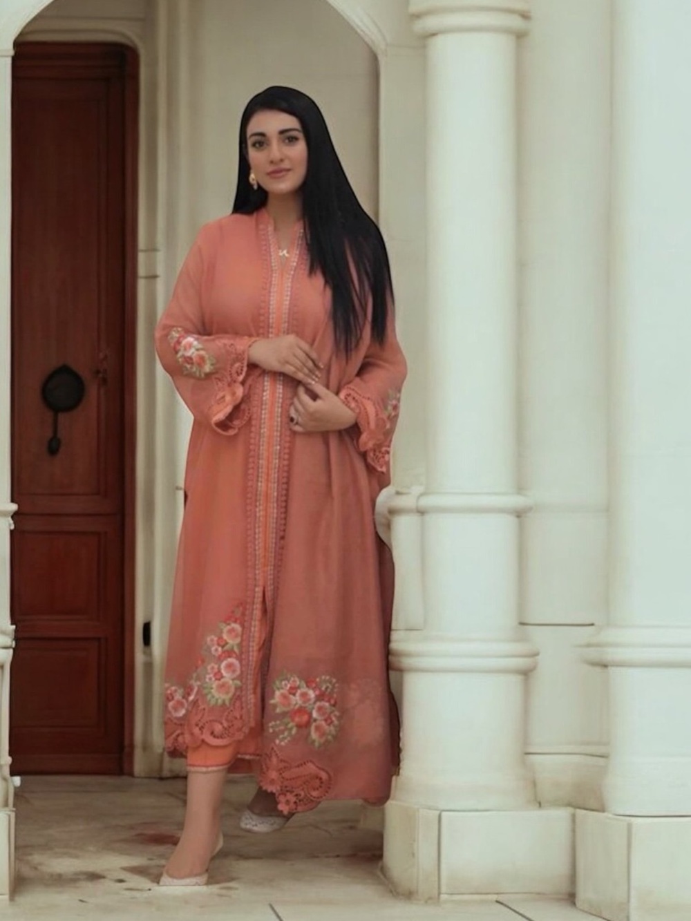 Elegant Peach Embroidered Long Dress 3Pc